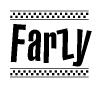 The image is a black and white clipart of the text Farzy in a bold, italicized font. The text is bordered by a dotted line on the top and bottom, and there are checkered flags positioned at both ends of the text, usually associated with racing or finishing lines.