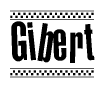 The image is a black and white clipart of the text Gibert in a bold, italicized font. The text is bordered by a dotted line on the top and bottom, and there are checkered flags positioned at both ends of the text, usually associated with racing or finishing lines.