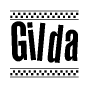 The image contains the text Gilda in a bold, stylized font, with a checkered flag pattern bordering the top and bottom of the text.