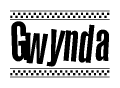 The image contains the text Gwynda in a bold, stylized font, with a checkered flag pattern bordering the top and bottom of the text.