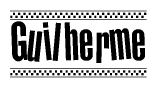 The image is a black and white clipart of the text Guilherme in a bold, italicized font. The text is bordered by a dotted line on the top and bottom, and there are checkered flags positioned at both ends of the text, usually associated with racing or finishing lines.
