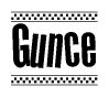 The clipart image displays the text Gunce in a bold, stylized font. It is enclosed in a rectangular border with a checkerboard pattern running below and above the text, similar to a finish line in racing. 