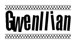 The image contains the text Gwenllian in a bold, stylized font, with a checkered flag pattern bordering the top and bottom of the text.