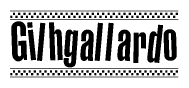 The image is a black and white clipart of the text Gilhgallardo in a bold, italicized font. The text is bordered by a dotted line on the top and bottom, and there are checkered flags positioned at both ends of the text, usually associated with racing or finishing lines.