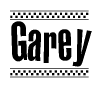 The image contains the text Garey in a bold, stylized font, with a checkered flag pattern bordering the top and bottom of the text.