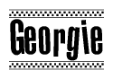 The image is a black and white clipart of the text Georgie in a bold, italicized font. The text is bordered by a dotted line on the top and bottom, and there are checkered flags positioned at both ends of the text, usually associated with racing or finishing lines.