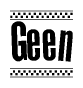 The image is a black and white clipart of the text Geen in a bold, italicized font. The text is bordered by a dotted line on the top and bottom, and there are checkered flags positioned at both ends of the text, usually associated with racing or finishing lines.