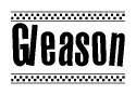The image is a black and white clipart of the text Gleason in a bold, italicized font. The text is bordered by a dotted line on the top and bottom, and there are checkered flags positioned at both ends of the text, usually associated with racing or finishing lines.