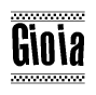The image is a black and white clipart of the text Gioia in a bold, italicized font. The text is bordered by a dotted line on the top and bottom, and there are checkered flags positioned at both ends of the text, usually associated with racing or finishing lines.