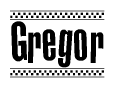 The clipart image displays the text Gregor in a bold, stylized font. It is enclosed in a rectangular border with a checkerboard pattern running below and above the text, similar to a finish line in racing. 