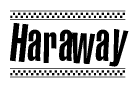 The image contains the text Haraway in a bold, stylized font, with a checkered flag pattern bordering the top and bottom of the text.