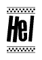The image is a black and white clipart of the text Hel in a bold, italicized font. The text is bordered by a dotted line on the top and bottom, and there are checkered flags positioned at both ends of the text, usually associated with racing or finishing lines.