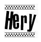 The image is a black and white clipart of the text Hery in a bold, italicized font. The text is bordered by a dotted line on the top and bottom, and there are checkered flags positioned at both ends of the text, usually associated with racing or finishing lines.