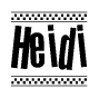 The clipart image displays the text Heidi in a bold, stylized font. It is enclosed in a rectangular border with a checkerboard pattern running below and above the text, similar to a finish line in racing. 