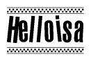 The image contains the text Helloisa in a bold, stylized font, with a checkered flag pattern bordering the top and bottom of the text.