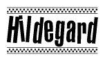 The image is a black and white clipart of the text Hildegard in a bold, italicized font. The text is bordered by a dotted line on the top and bottom, and there are checkered flags positioned at both ends of the text, usually associated with racing or finishing lines.