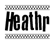 The image is a black and white clipart of the text Heathr in a bold, italicized font. The text is bordered by a dotted line on the top and bottom, and there are checkered flags positioned at both ends of the text, usually associated with racing or finishing lines.
