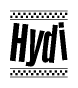 The image is a black and white clipart of the text Hydi in a bold, italicized font. The text is bordered by a dotted line on the top and bottom, and there are checkered flags positioned at both ends of the text, usually associated with racing or finishing lines.