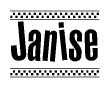 The image is a black and white clipart of the text Janise in a bold, italicized font. The text is bordered by a dotted line on the top and bottom, and there are checkered flags positioned at both ends of the text, usually associated with racing or finishing lines.
