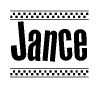 The image contains the text Jance in a bold, stylized font, with a checkered flag pattern bordering the top and bottom of the text.