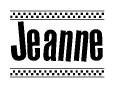 The image contains the text Jeanne in a bold, stylized font, with a checkered flag pattern bordering the top and bottom of the text.