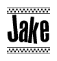 The image contains the text Jake in a bold, stylized font, with a checkered flag pattern bordering the top and bottom of the text.