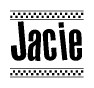 The clipart image displays the text Jacie in a bold, stylized font. It is enclosed in a rectangular border with a checkerboard pattern running below and above the text, similar to a finish line in racing. 