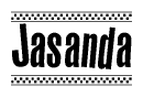 The image is a black and white clipart of the text Jasanda in a bold, italicized font. The text is bordered by a dotted line on the top and bottom, and there are checkered flags positioned at both ends of the text, usually associated with racing or finishing lines.