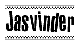 The clipart image displays the text Jasvinder in a bold, stylized font. It is enclosed in a rectangular border with a checkerboard pattern running below and above the text, similar to a finish line in racing. 