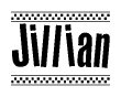 The image is a black and white clipart of the text Jillian in a bold, italicized font. The text is bordered by a dotted line on the top and bottom, and there are checkered flags positioned at both ends of the text, usually associated with racing or finishing lines.