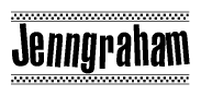 The image is a black and white clipart of the text Jenngraham in a bold, italicized font. The text is bordered by a dotted line on the top and bottom, and there are checkered flags positioned at both ends of the text, usually associated with racing or finishing lines.