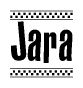 The clipart image displays the text Jara in a bold, stylized font. It is enclosed in a rectangular border with a checkerboard pattern running below and above the text, similar to a finish line in racing. 