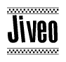 The image contains the text Jiveo in a bold, stylized font, with a checkered flag pattern bordering the top and bottom of the text.
