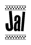 The image is a black and white clipart of the text Jal in a bold, italicized font. The text is bordered by a dotted line on the top and bottom, and there are checkered flags positioned at both ends of the text, usually associated with racing or finishing lines.