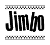 The image contains the text Jimbo in a bold, stylized font, with a checkered flag pattern bordering the top and bottom of the text.