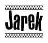 The image contains the text Jarek in a bold, stylized font, with a checkered flag pattern bordering the top and bottom of the text.
