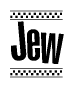 The image is a black and white clipart of the text Jew in a bold, italicized font. The text is bordered by a dotted line on the top and bottom, and there are checkered flags positioned at both ends of the text, usually associated with racing or finishing lines.