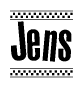 The image contains the text Jens in a bold, stylized font, with a checkered flag pattern bordering the top and bottom of the text.