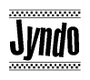 The image is a black and white clipart of the text Jyndo in a bold, italicized font. The text is bordered by a dotted line on the top and bottom, and there are checkered flags positioned at both ends of the text, usually associated with racing or finishing lines.