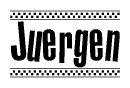 The image is a black and white clipart of the text Juergen in a bold, italicized font. The text is bordered by a dotted line on the top and bottom, and there are checkered flags positioned at both ends of the text, usually associated with racing or finishing lines.