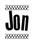 The clipart image displays the text Jon in a bold, stylized font. It is enclosed in a rectangular border with a checkerboard pattern running below and above the text, similar to a finish line in racing. 