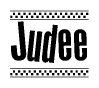 The clipart image displays the text Judee in a bold, stylized font. It is enclosed in a rectangular border with a checkerboard pattern running below and above the text, similar to a finish line in racing. 