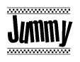 The image is a black and white clipart of the text Jummy in a bold, italicized font. The text is bordered by a dotted line on the top and bottom, and there are checkered flags positioned at both ends of the text, usually associated with racing or finishing lines.