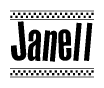The image is a black and white clipart of the text Janell in a bold, italicized font. The text is bordered by a dotted line on the top and bottom, and there are checkered flags positioned at both ends of the text, usually associated with racing or finishing lines.
