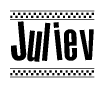 The image contains the text Juliev in a bold, stylized font, with a checkered flag pattern bordering the top and bottom of the text.