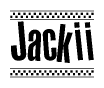 The clipart image displays the text Jackii in a bold, stylized font. It is enclosed in a rectangular border with a checkerboard pattern running below and above the text, similar to a finish line in racing. 