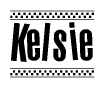 The clipart image displays the text Kelsie in a bold, stylized font. It is enclosed in a rectangular border with a checkerboard pattern running below and above the text, similar to a finish line in racing. 