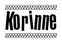 The image contains the text Korinne in a bold, stylized font, with a checkered flag pattern bordering the top and bottom of the text.