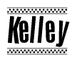 The image is a black and white clipart of the text Kelley in a bold, italicized font. The text is bordered by a dotted line on the top and bottom, and there are checkered flags positioned at both ends of the text, usually associated with racing or finishing lines.