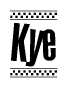 The image contains the text Kye in a bold, stylized font, with a checkered flag pattern bordering the top and bottom of the text.